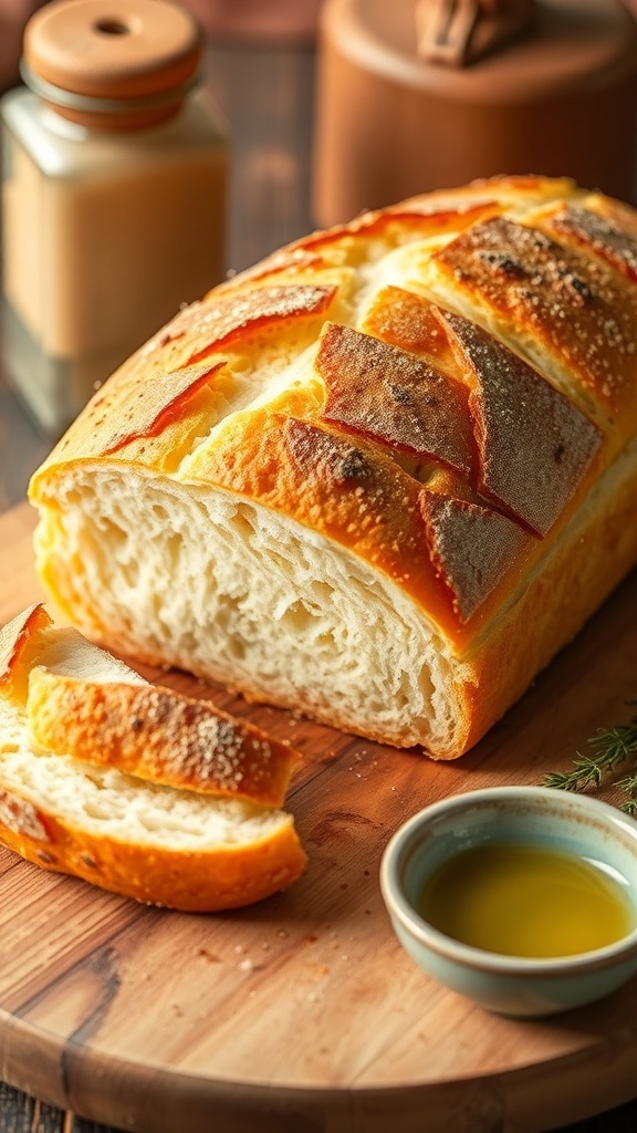 Gluten-Free Bread Without Xanthan Gum A golden-brown gluten-free bread loaf sliced on a wooden board, with olive oil and herbs in the background.